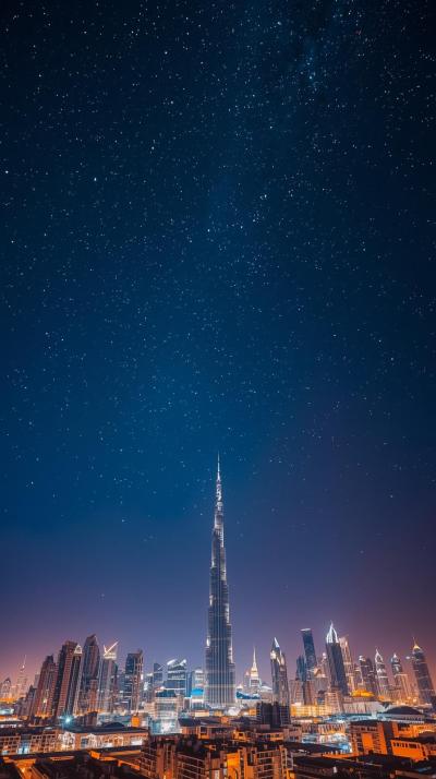 Dubai Skyline With Burj Khalifa Against A Starry N