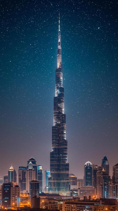 Dubai Skyline With Burj Khalifa Against A Starry N