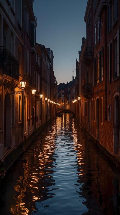 European Canal Street With Beautiful Lights