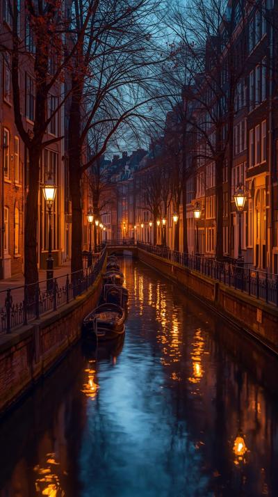 European Canal Street With Beautiful Lights
