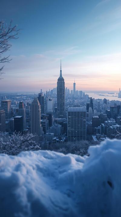 Frozen Winter City Skyline With Snow