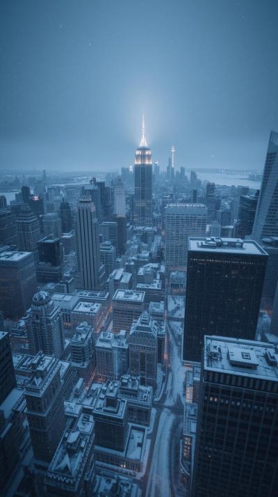 Frozen Winter City Skyline With Snow