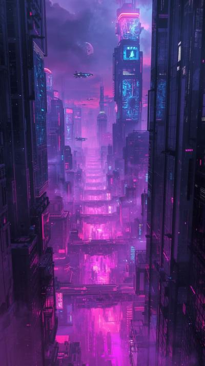 Futuristic Cyberpunk Cityscape In Purple And Blue