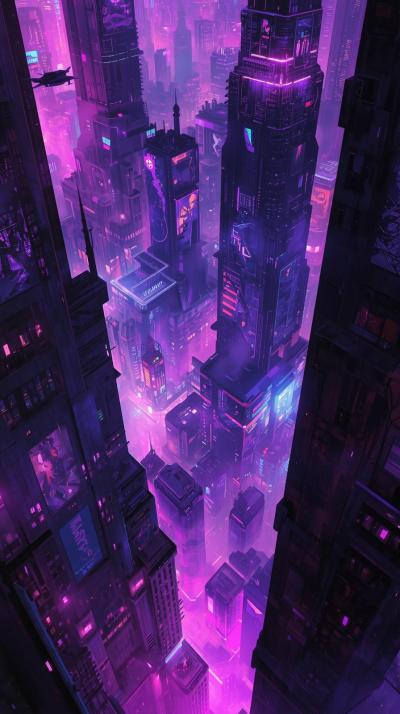 Futuristic Cyberpunk Cityscape In Purple And Blue
