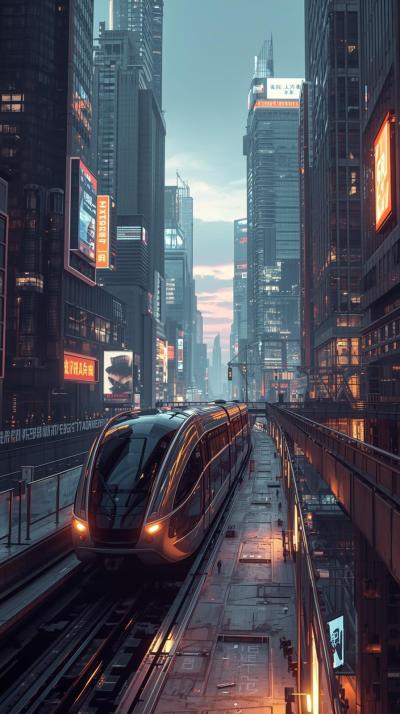 Futuristic Monorail Passing Through Skyscrapers