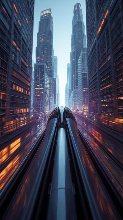 Futuristic Monorail Passing Through Skyscrapers