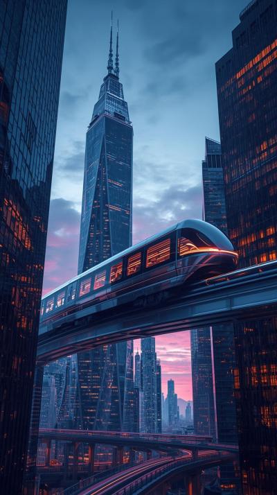 Futuristic Monorail Passing Through Skyscrapers