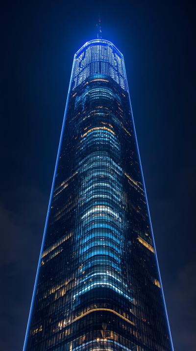 Glass Tower With Glowing Blue Lights