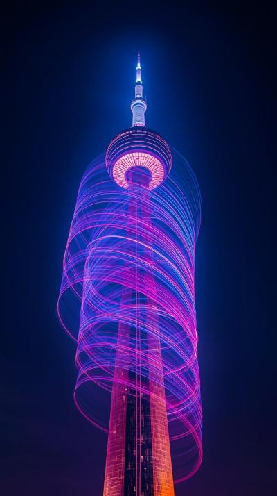 Glowing Light Streaks Around A City Tower