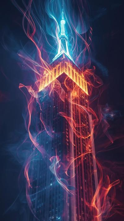 Glowing Light Streaks Around A City Tower