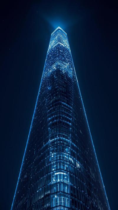 Glass Tower With Glowing Blue Lights