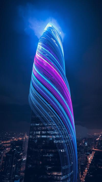 Glowing Light Streaks Around A City Tower