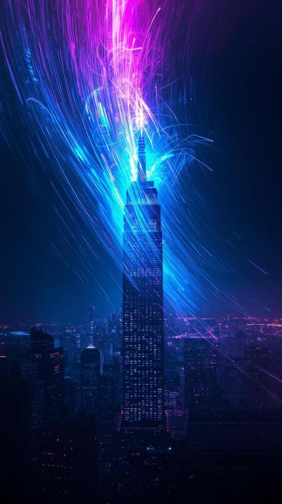 Glowing Light Streaks Around A City Tower