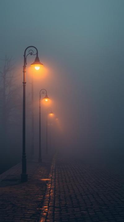 Misty Evening Street With Vintage Lamps