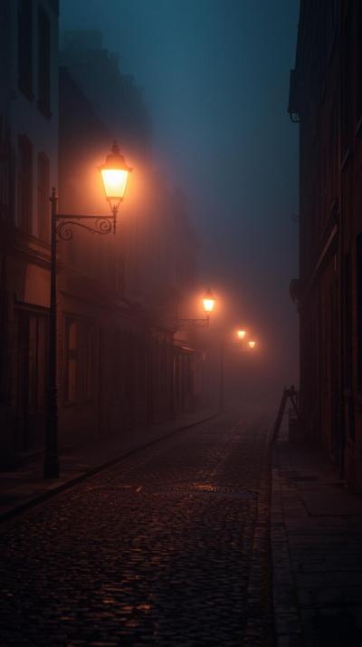 Misty Evening Street With Vintage Lamps