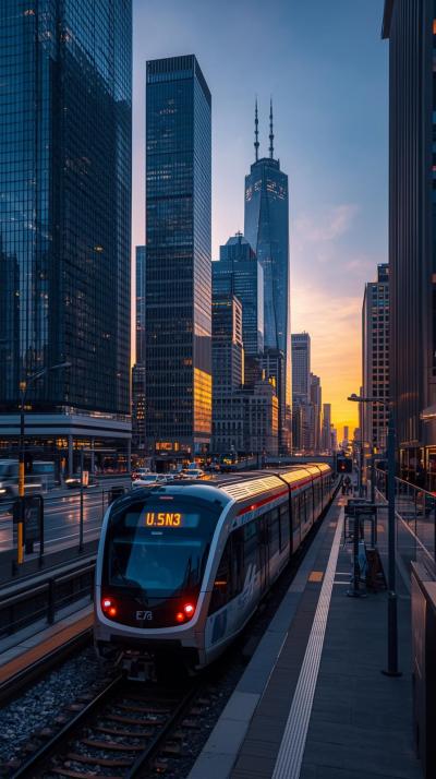 Modern City Train Passing Skyscrapers
