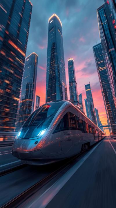Modern City Train Passing Skyscrapers