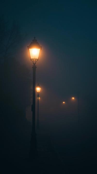 Misty Evening Street With Vintage Lamps