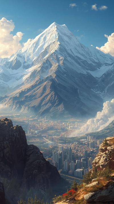 Mountain And City Contrast Landscape