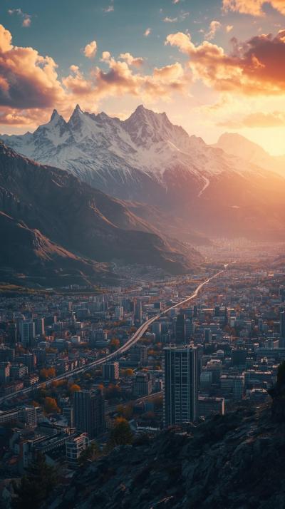 Mountain And City Contrast Landscape