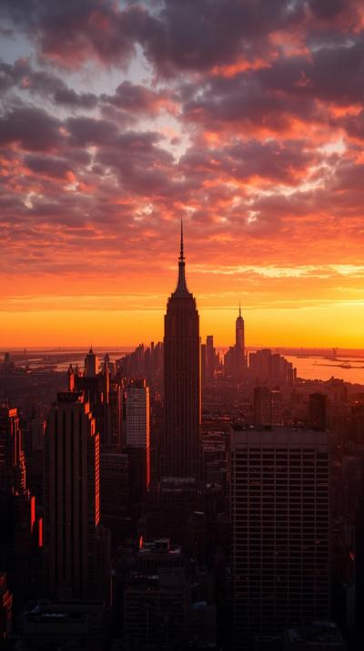 New York Skyline At Sunset With Warm Golden Hour G