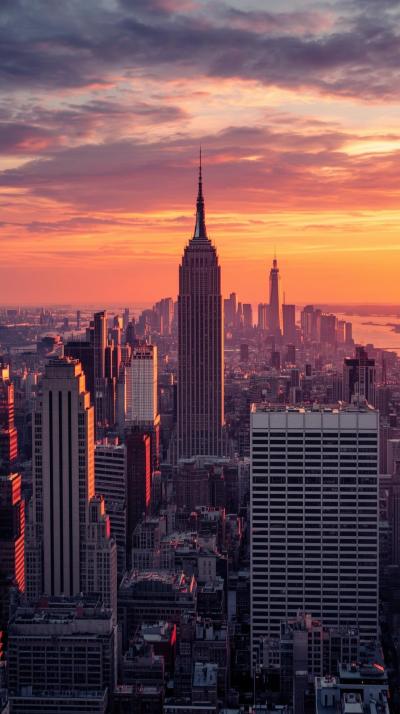 New York Skyline At Sunset With Warm Golden Hour G