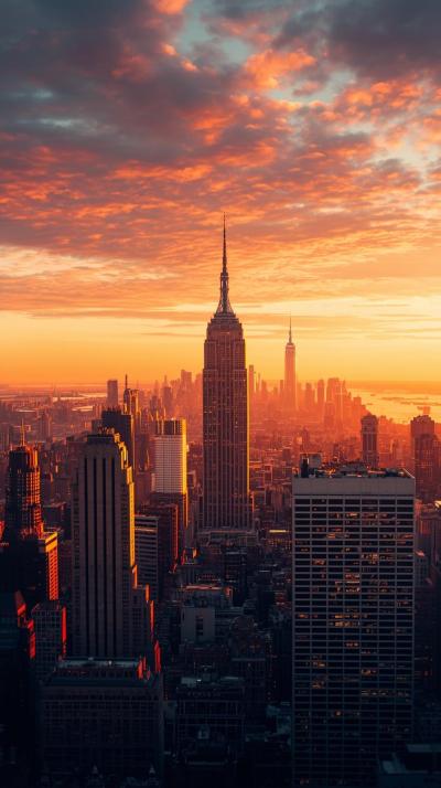 New York Skyline At Sunset With Warm Golden Hour G