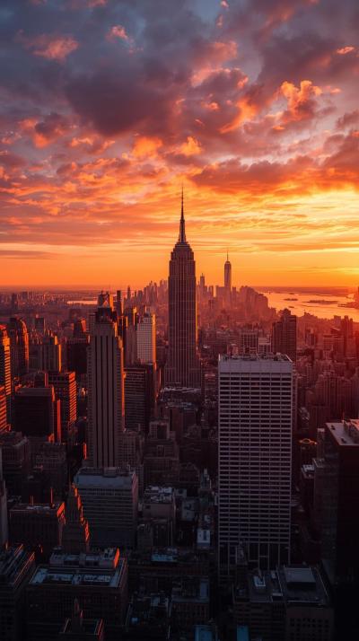 New York Skyline At Sunset With Warm Golden Hour G