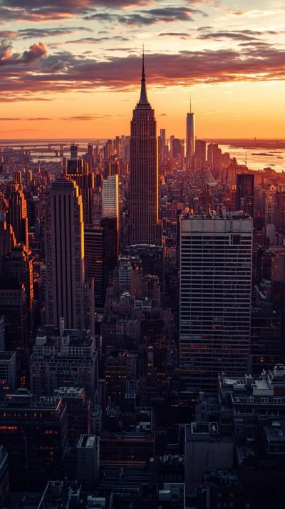 New York Skyline At Sunset With Warm Golden Hour G