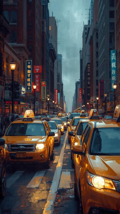 New York Taxi Street With Warm Colors