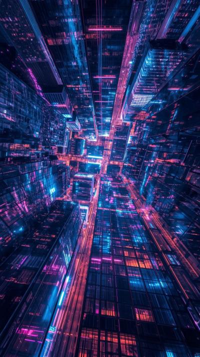 Night City Skyline With Glowing Neon Lights Reflec