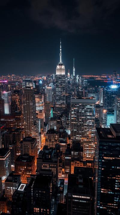 Night City Skyline With Glowing Neon Lights Reflec