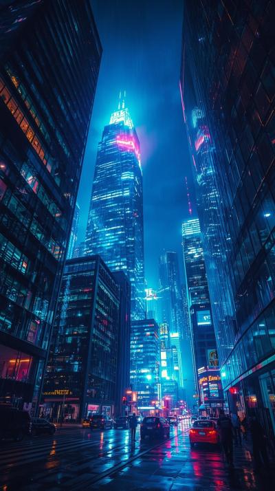 Night City Skyline With Glowing Neon Lights Reflec