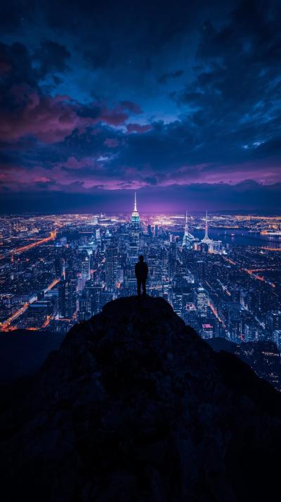 Night View Of City Lights From Mountain Top