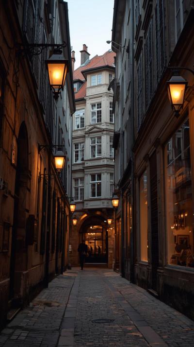 Old European Architecture With Warm Street Lantern
