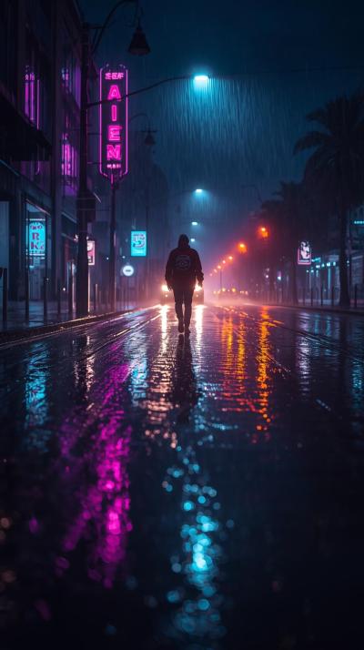 Rainy City Street With Reflections And Moody Light