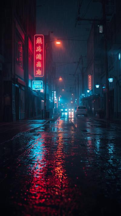 Rainy City Street With Reflections And Moody Light