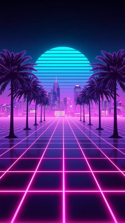 Retro   S Neon City Grid With Palm Silhouettes
