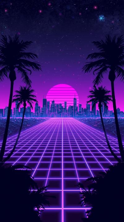 Retro   S Neon City Grid With Palm Silhouettes