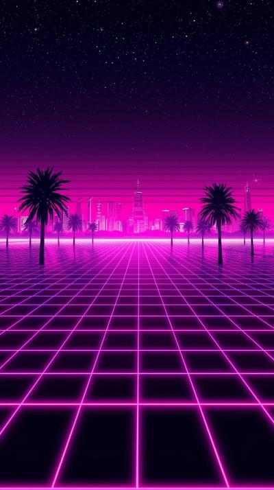 Retro   S Neon City Grid With Palm Silhouettes