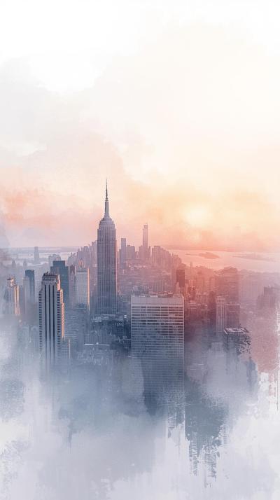 Soft Dreamy Watercolor Style City Skyline