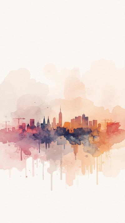 Soft Dreamy Watercolor Style City Skyline