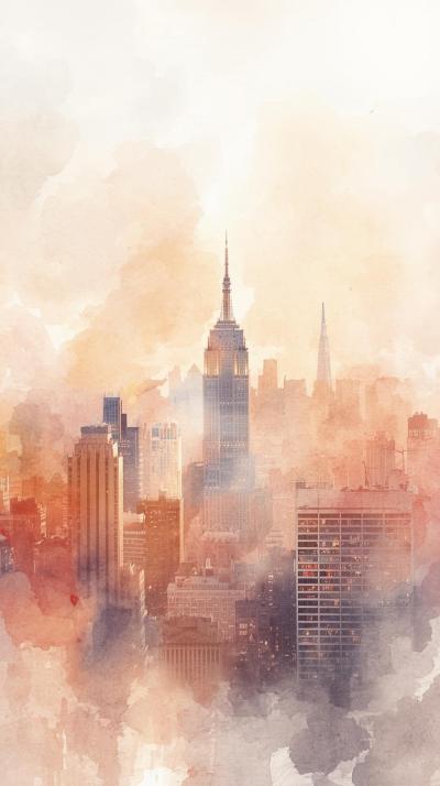 Soft Dreamy Watercolor Style City Skyline