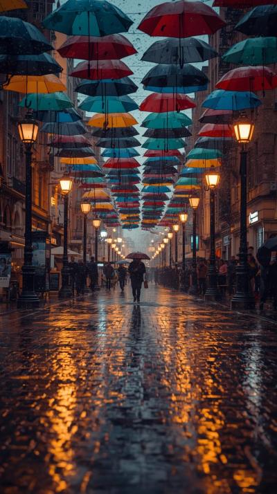 Street Full Of Umbrellas In Rainy Weather