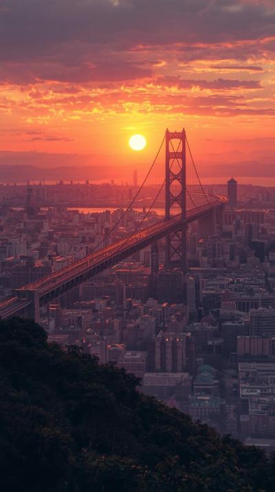 Sunrise Over A Bridge Entering The City
