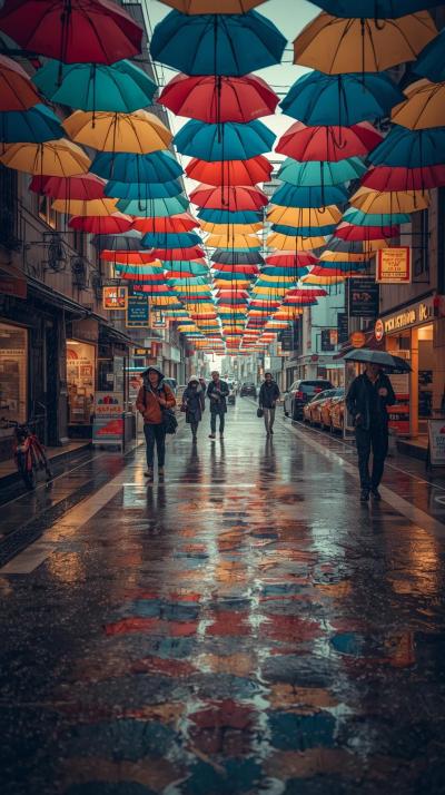 Street Full Of Umbrellas In Rainy Weather