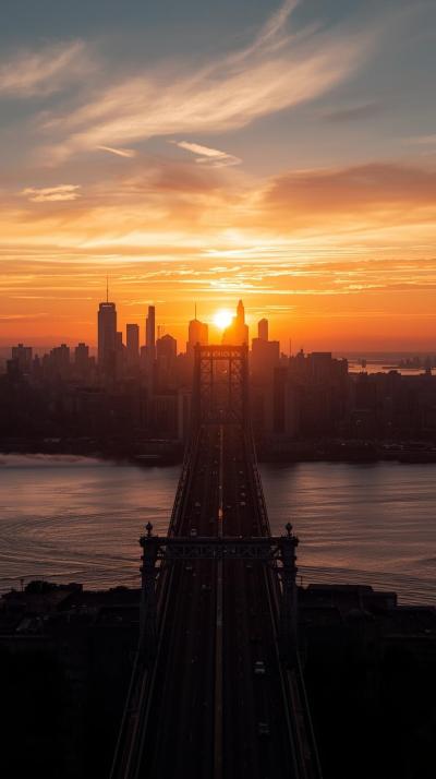 Sunrise Over A Bridge Entering The City