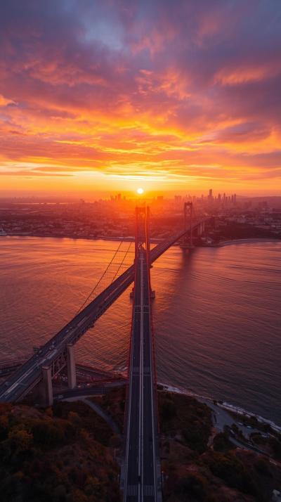Sunrise Over A Bridge Entering The City