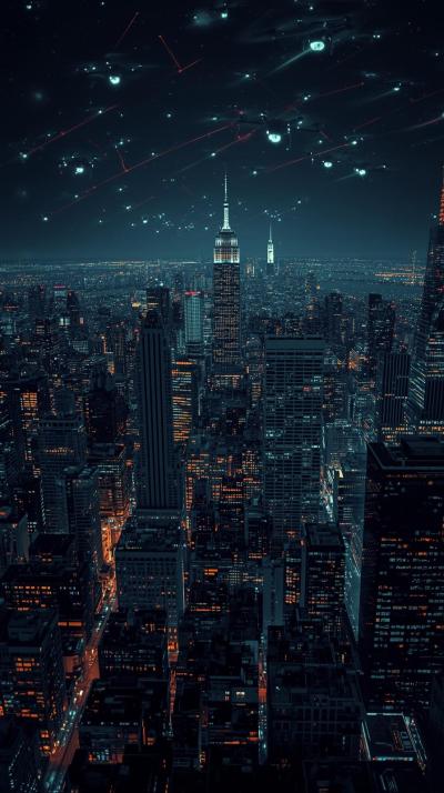 Urban City With Glowing Drones In The Skyilhouette