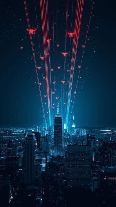 Urban City With Glowing Drones In The Skyilhouette